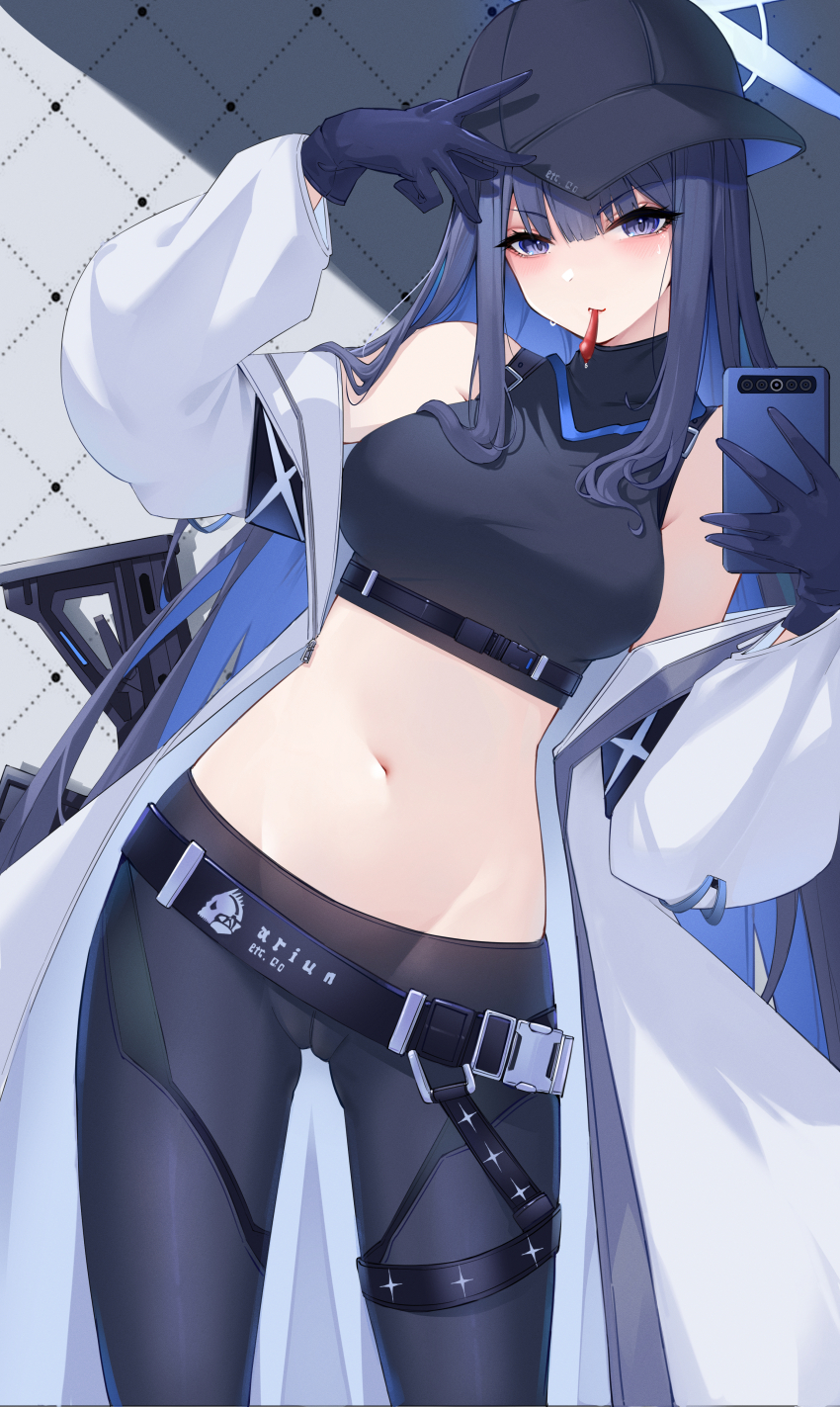 1girl absurdres baseball_cap black_gloves black_hat blue_archive blue_halo breasts buckle cameltoe cellphone chest_harness coat colored_inner_hair crop_top gloves halo hand_up harness hat highres holding holding_phone kiyoi_(gyhw8444) large_breasts long_hair mouth_hold multicolored_hair navel no_mask phone purple_eyes saori_(blue_archive) shirt sig_516 sleeveless sleeveless_shirt smartphone snap-fit_buckle solo v white_coat