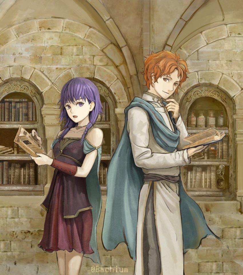 1boy 1girl absurdres artur_(fire_emblem) book braid couple fire_emblem fire_emblem:_the_sacred_stones hetero highres holding holding_book looking_at_viewer lute_(fire_emblem) nintendo orange_eyes orange_hair purple_eyes purple_hair reading scarf smile twintails
