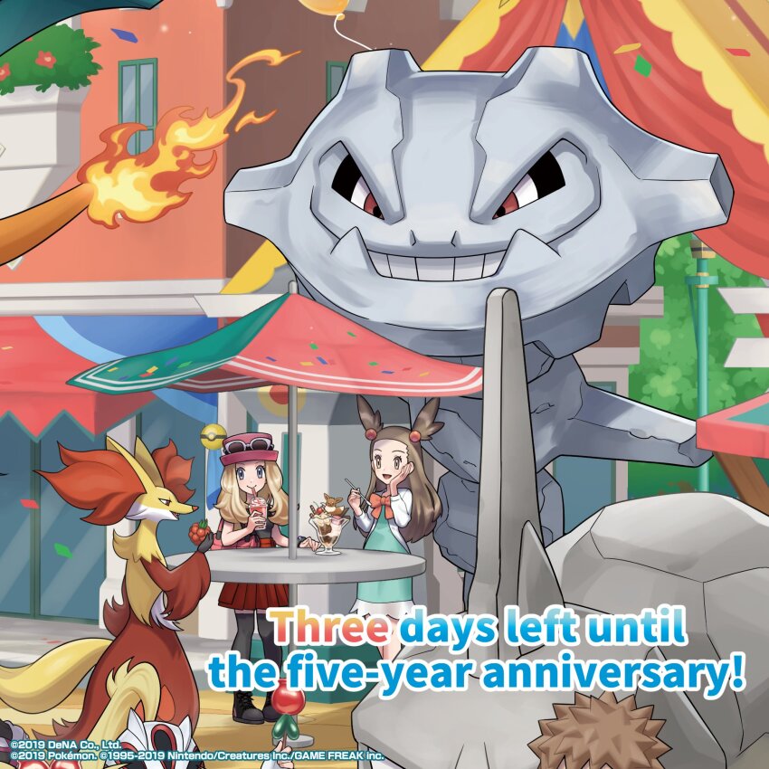 1boy 3girls :d balloon blonde_hair bow bowtie bracelet brock_(pokemon) brown_hair candy_apple charizard closed_mouth commentary cup day delphox dessert dress drinking_straw english_text eyewear_on_headwear fire flame-tipped_tail food gen_1_pokemon gen_2_pokemon gen_6_pokemon hair_bobbles hair_ornament hat highres holding holding_cup jasmine_(pokemon) jewelry korrina_(pokemon) long_hair multiple_girls nintendo official_art open_mouth outdoors pleated_skirt pokemon pokemon_(creature) pokemon_hgss pokemon_masters_ex pokemon_xy red_skirt serena_(pokemon) shoes skirt smile steelix sunglasses table tail thighhighs two_side_up watermark