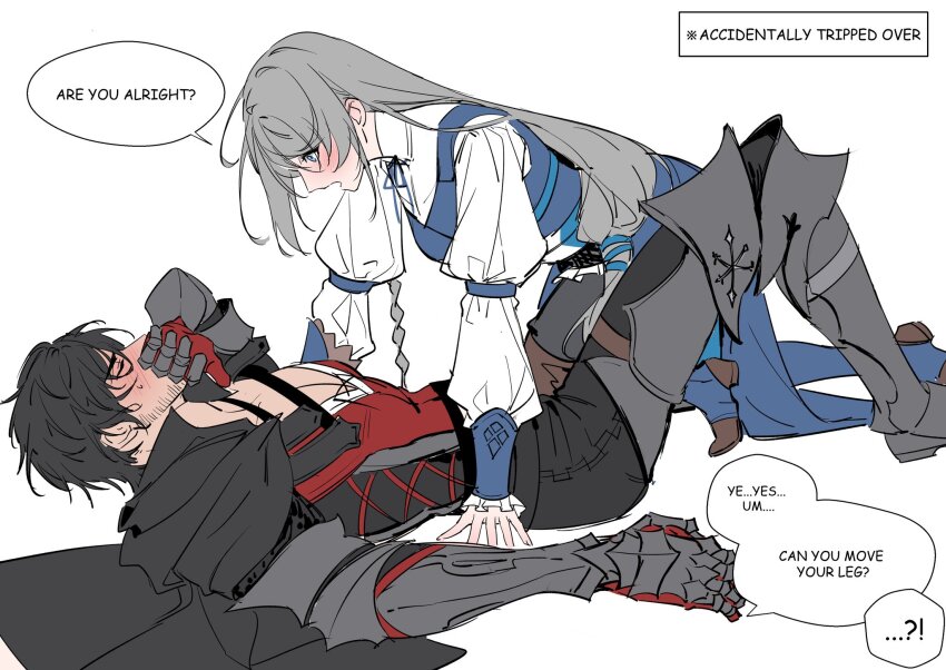 1boy 1girl armored_boots armored_gloves black_hair blue_eyes blush boots clive_rosfield closed_eyes commentary couple covering_own_mouth english_text facial_hair final_fantasy final_fantasy_xvi frilled_skirt frills full_body grey_hair hetero highres jill_warrick kneeling long_hair long_sleeves looking_at_another lying on_back on_person open_mouth pectorals puffy_sleeves short_hair simple_background skirt symbol-only_commentary tk_(tksnim) tripping white_background