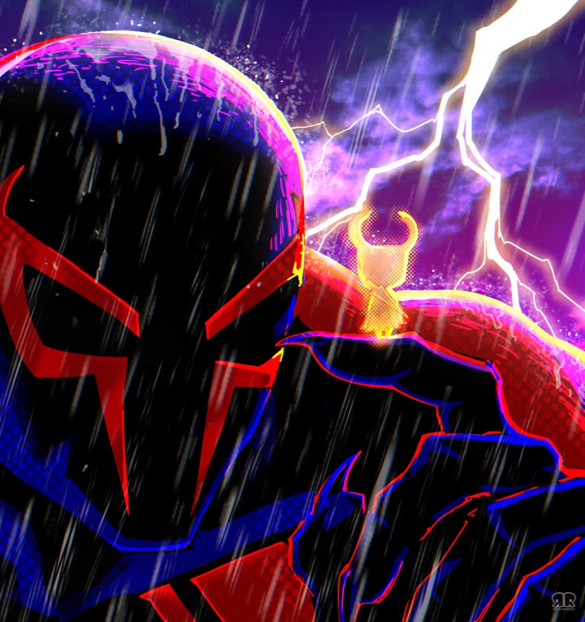 1boy alternate_design blue_bodysuit bodysuit claws cloud cloudy_sky commentary crossover english_commentary fingernails highres hollow_knight knight_(hollow_knight) lightning male_focus marvel mask multicolored_bodysuit muscular muscular_male rain raynerahman red_bodysuit sharp_fingernails size_difference sky spider-man:_across_the_spider-verse spider-man_(2099) spider-man_(series) spider-verse storm superhero_costume two-tone_bodysuit