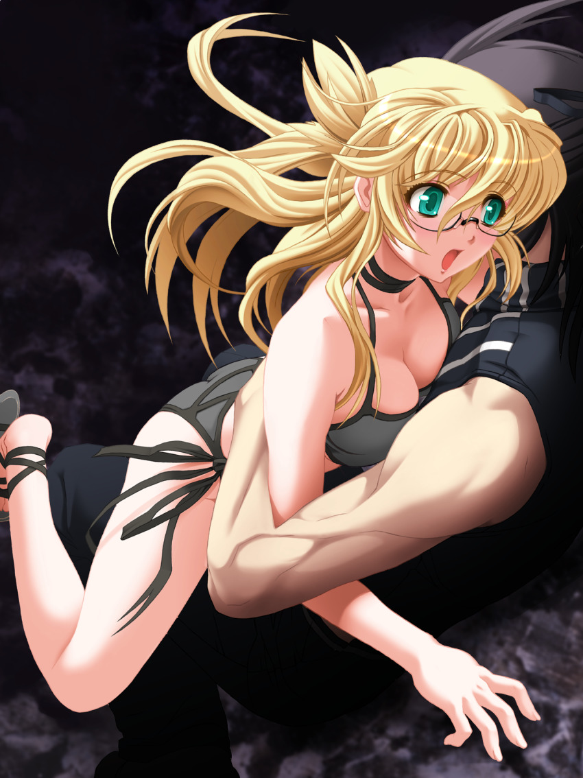 1boy 1girl bikini black_pants black_ribbon black_shirt blonde_hair breasts choker cleavage collarbone demonbane floating_hair game_cg girl_on_top glasses green_eyes grey_bikini hetero highres large_breasts leica_(demonbane) long_hair nishii_(damnedrive) official_art open_mouth pants ribbon ribbon_choker semi-rimless_eyewear shirt side-tie_bikini_bottom sleeveless sleeveless_shirt swimsuit under-rim_eyewear
