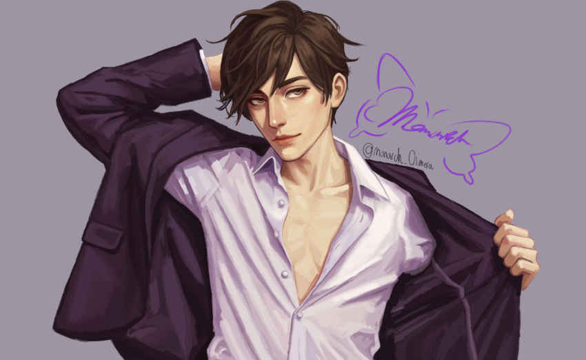 1boy arm_behind_head baxter_ward brown_eyes brown_hair clothes_grab coat collarbone head_tilt highres jacket looking_at_viewer male_focus monarch_chimera open_clothes open_jacket our_life our_life:_beginnings_and_always partially_unbuttoned pectoral_cleavage pectorals purple_coat purple_shirt shirt smile solo undressing