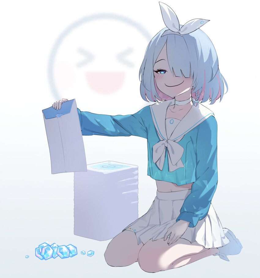 1girl aqua_hair arona_(blue_archive) blue_archive blue_eyes blush braid c: choker commentary envelope full_body hair_over_one_eye highres holding holding_envelope long_sleeves mameownyan pink_hair pleated_skirt pyroxene_(blue_archive) sailor_collar school_uniform serafuku shoes short_hair side_braid simple_background sitting skirt smile smug solo symbol-only_commentary white_choker white_sailor_collar white_shoes white_skirt