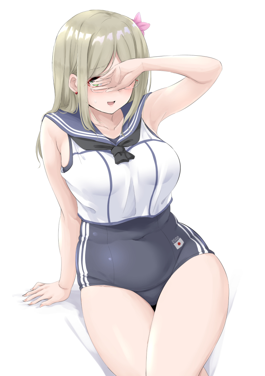 1girl alternate_costume black_one-piece_swimsuit blue_sailor_collar blush breasts collarbone cosplay ear_piercing flower glasses green_eyes hair_flower hair_ornament highres kantai_collection katori_(kancolle) kayano_ai large_breasts light_brown_hair long_hair one-piece_swimsuit open_mouth piercing pink_flower ro-500_(kancolle) ro-500_(kancolle)_(cosplay) sailor_collar sailor_shirt school_swimsuit shirt simple_background sleeveless sleeveless_shirt solo swimsuit swimsuit_under_clothes takomeshi voice_actor_connection white_background white_shirt