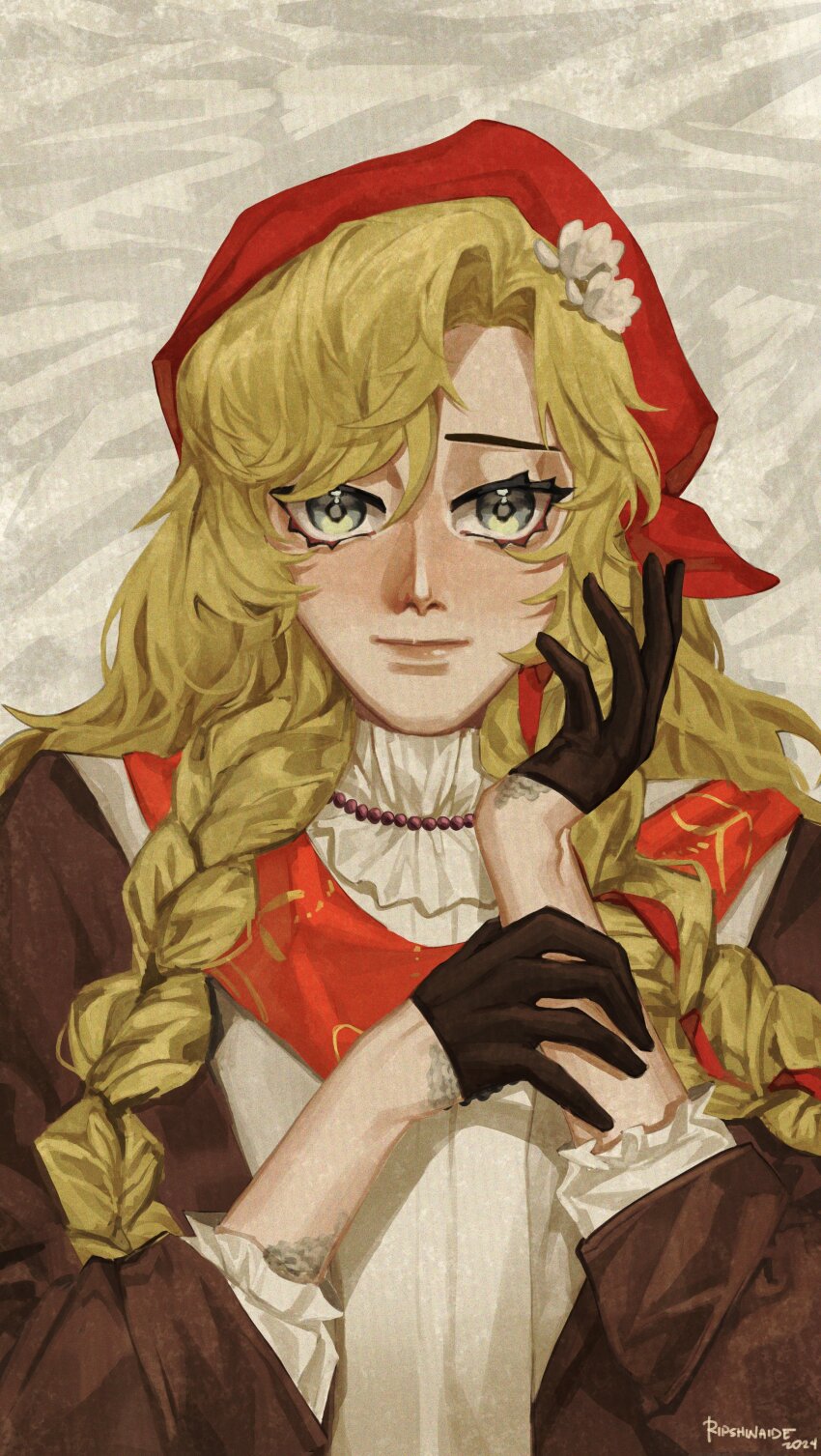 1girl 2024 absurdres aqua_eyes artist_name black_gloves blonde_hair braid brown_jacket closed_mouth flower gloves grey_background hair_flower hair_ornament hand_on_own_wrist hands_up headscarf highres jacket long_hair long_sleeves looking_at_viewer red_headscarf red_scarf reverse:1999 ripshinaide scales scarf shirt signature smile solo twin_braids upper_body vila_(reverse:1999) white_flower white_shirt