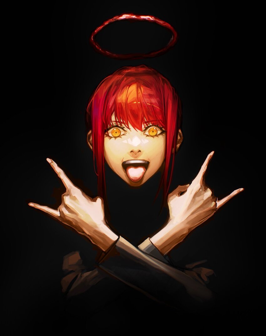 1girl black_background blood blood_halo chainsaw_man deka_yo formal_clothes halo highres liquid_halo looking_at_viewer makima_(chainsaw_man) maximum_the_hormone open_mouth red_hair ringed_eyes smile solo suit tagme tongue tongue_out yellow_eyes