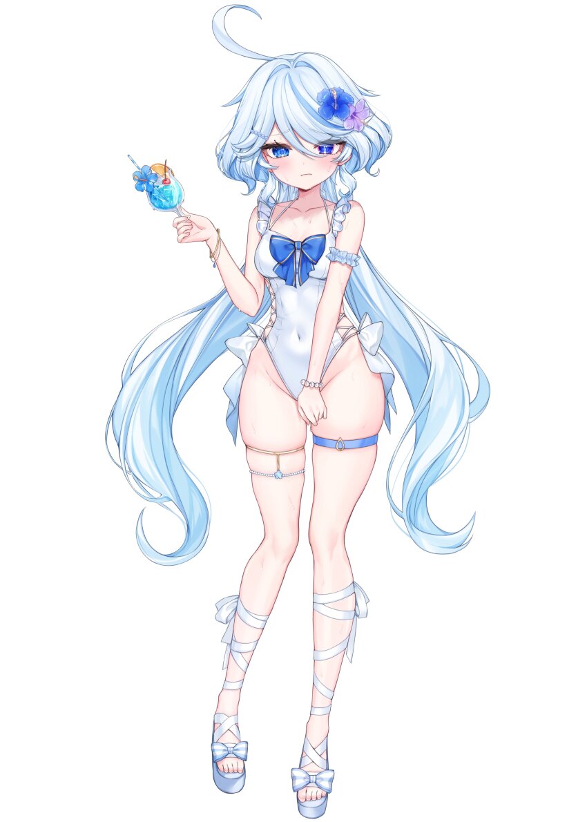 1girl absurdres ahoge alternate_costume armband blue_bow blue_eyes blue_flower blue_hair blue_pupils blush bow bracelet breasts closed_mouth collarbone commentary_request covered_navel covering_crotch covering_privates cup drop-shaped_pupils flower footwear_bow frilled_armband frills full_body furina_(genshin_impact) genshin_impact hair_between_eyes hair_flower hair_ornament hand_up heterochromia highleg highleg_one-piece_swimsuit highres holding holding_cup ineka_ka jewelry long_hair looking_at_viewer medium_breasts multicolored_hair one-piece_swimsuit pearl_bracelet purple_flower side-tie_one-piece_swimsuit simple_background skindentation solo standing streaked_hair striped_bow sweat swimsuit symbol-shaped_pupils thigh_strap very_long_hair white_armband white_background white_bow white_hair white_one-piece_swimsuit