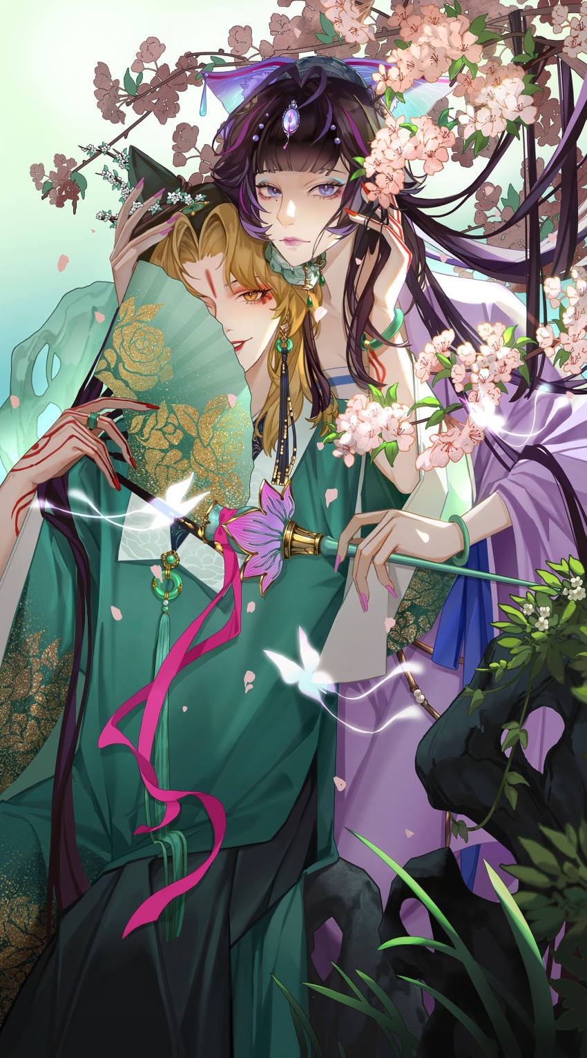 2girls absurdres aji_(a.ki) animal_ear_headwear animal_ears antenna_hair black_hair blonde_hair blunt_bangs body_markings bracelet branch butterfly_hair_ornament chinese_clothes chinese_commentary commentary curtained_hair dress earrings enfer_(path_to_nowhere) enfer_(virtuoso_of_jade)_(path_to_nowhere) eyeliner eyeshadow facial_mark fake_animal_ears floral_print flower folding_fan forehead forehead_jewel forehead_mark green_dress hair_ornament hand_fan hand_on_another&#039;s_face hand_on_another&#039;s_head hanfu head_wings heads_together highres holding holding_fan holding_hairpin hug hug_from_behind jade_(gemstone) jewelry looking_at_viewer makeup mcqueen_(path_to_nowhere) mcqueen_(whimsical_theater)_(path_to_nowhere) mole mole_under_eye multicolored_hair multiple_girls nail_polish official_alternate_costume path_to_nowhere pink_eyeliner pink_flower pink_lips plant print_folding_fan purple_dress purple_eyes qixiong_ruqun red_eyeshadow red_lips red_nails smile streaked_hair tassel tassel_earrings upper_body wings yellow_eyes