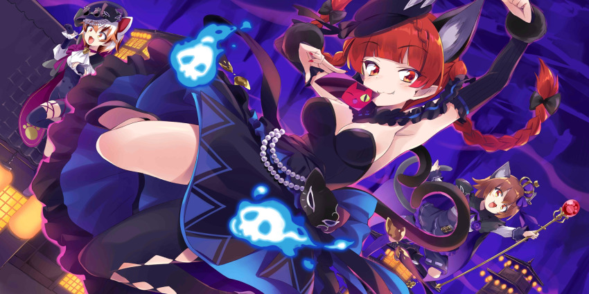 3girls alternate_costume animal_ear_fluff animal_ears armpits bare_shoulders black_bow black_dress black_pantyhose blue_dress bow braid breasts brown_hair cat_ears cat_girl cat_tail chen chen_(pikara_formula) cleavage closed_mouth commentary crown dress dutch_angle english_commentary extra_ears eye_mask fang fang_out flaming_skull floating_skull game_cg goutokuji_mike goutokuji_mike_(pikara_fortune) hair_bow hand_up hat heart heart_tail highres holding holding_scepter jumping kaenbyou_rin kaenbyou_rin_(pikara_flame) large_breasts long_hair looking_at_viewer mask multicolored_hair multiple_girls multiple_tails nekomata official_art open_mouth pantyhose pointy_ears purple_crown red_eyes red_hair scepter single_leg_pantyhose smile strapless strapless_dress tail third-party_source touhou touhou_lostword twin_braids two-tone_dress two_tails unworn_mask usatsuka_eiji
