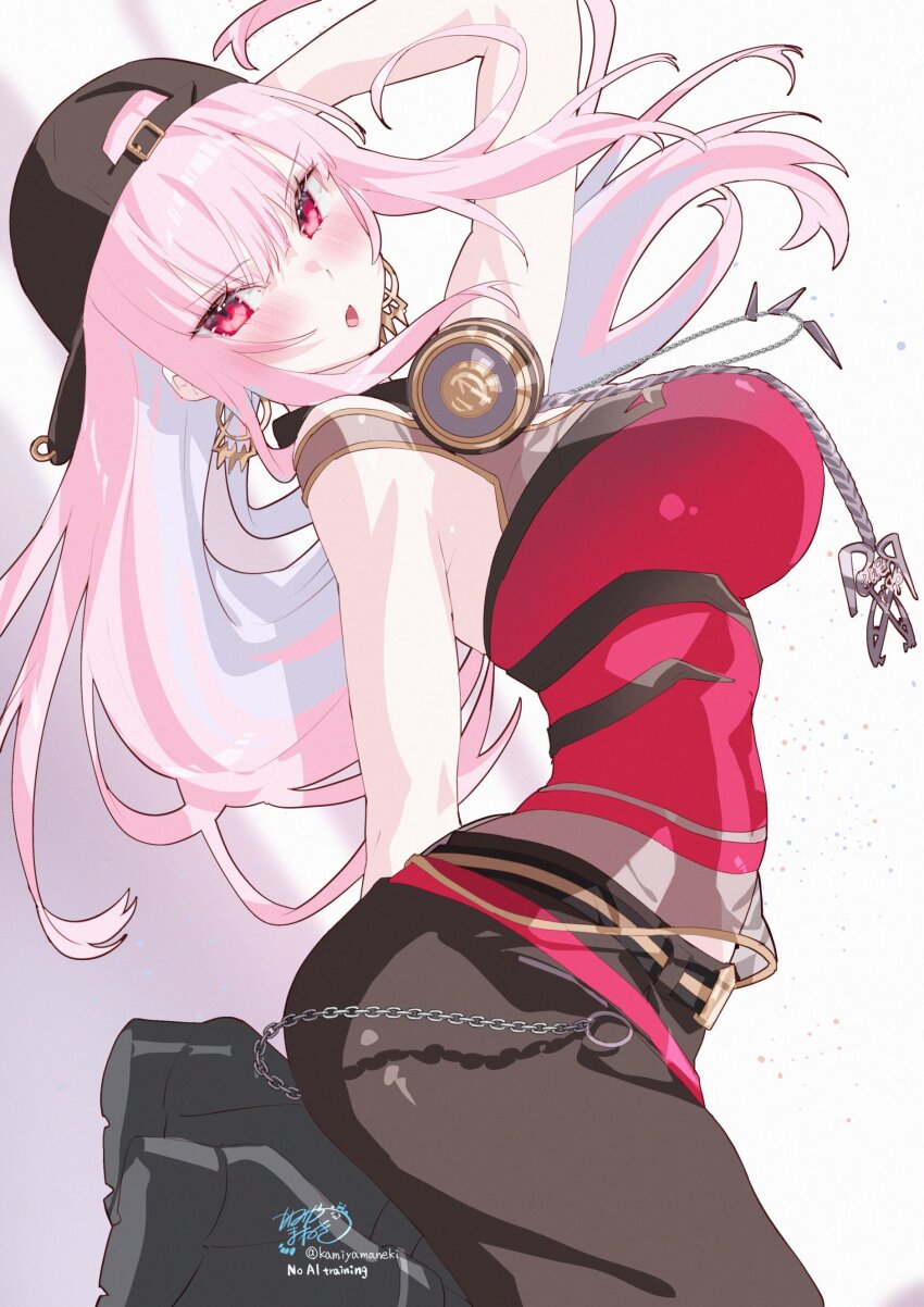 1girl absurdres backwards_hat bare_shoulders baseball_cap black_hat black_pants breasts cowboy_shot earrings from_side hat headphones headphones_around_neck highres hololive hololive_english jewelry kamiya_maneki large_breasts long_hair looking_at_viewer mori_calliope pants pendant pink_hair red_shirt shirt simple_background solo virtual_youtuber white_background