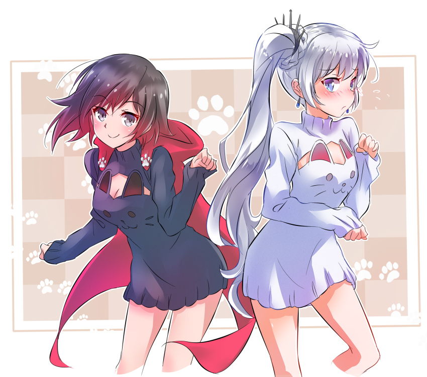 2girls animal_band blue_eyes blush cape cleavage_cutout clothing_cutout commentary_request dress grey_eyes highres iesupa long_hair meme_attire multiple_girls open-chest_sweater paw_pose paw_print ruby_rose rwby short_hair sweater sweater_dress very_long_hair weiss_schnee white_hair