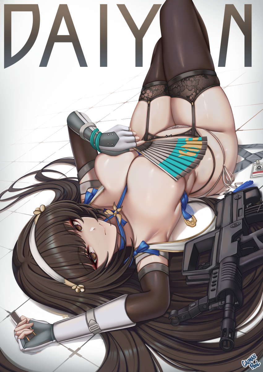 1girl absurdres arm_up armpits artist_name assault_rifle black_thighhighs breasts brown_eyes brown_hair bullpup caiman_pool character_name cleavage closed_mouth covering_breasts covering_privates daiyan_(girls&#039;_frontline_2) fingerless_gloves folding_fan full_body garter_belt garter_straps girls&#039;_frontline girls&#039;_frontline_2:_exilium gloves gun hairband hand_fan highres holding holding_fan id_card large_breasts long_hair looking_at_viewer lying on_back panties qbz-95 rifle side-tie_panties smile solo thighhighs tile_floor tiles type_95_(girls&#039;_frontline) underwear weapon white_gloves white_hairband white_panties