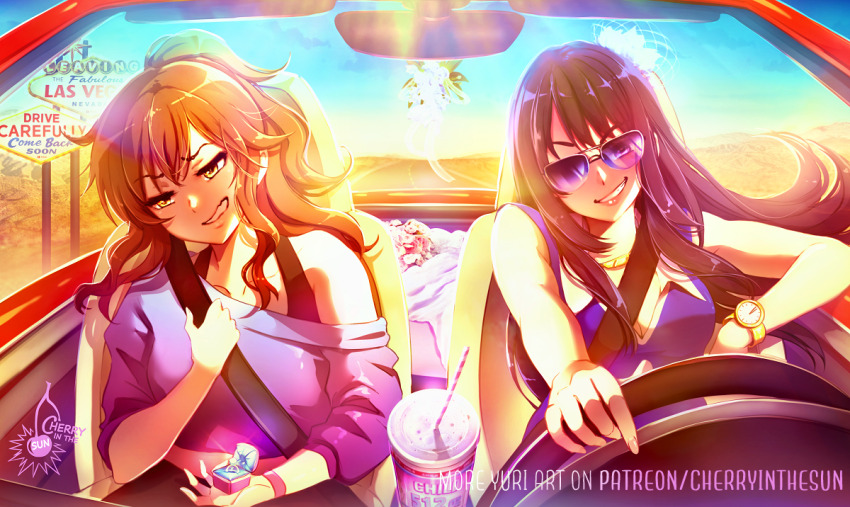 2girls black_hair blue_sky brown_hair car cherry_in_the_sun commentary day desert driving english_commentary english_text grin hibike!_euphonium highway jewelry kousaka_reina las_vegas long_hair motor_vehicle multiple_girls ornate_ring oumae_kumiko outdoors patreon_username ring sky smile sunglasses sunlight teeth watch wedding_ring wife_and_wife wristwatch yellow_eyes yuri