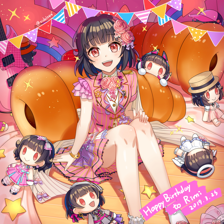 0_0 1girl :d animal_ear_headphones animal_ears back_bow bang_dream! baseball_cap bass_guitar black_hair blue_ribbon bow bracelet cat_ear_headphones character_doll character_name chocolate_cornet commentary_request dated doll dress earrings english_text fake_animal_ears female_focus flower food frilled_legwear frills hair_bow hair_flaps hair_flower hair_ornament hairband halo hand_on_own_knee happy_birthday hat headphones highres instrument jewelry nashi_(tidal0414) neck_ribbon open_mouth pink_dress pink_flower pink_rose purple_ribbon rainbow red_eyes ribbon rose short_hair sitting smile solo sparkle star_(symbol) string_of_flags striped_clothes striped_dress twitter_username ushigome_rimi vertical-striped_clothes vertical-striped_dress white_legwear