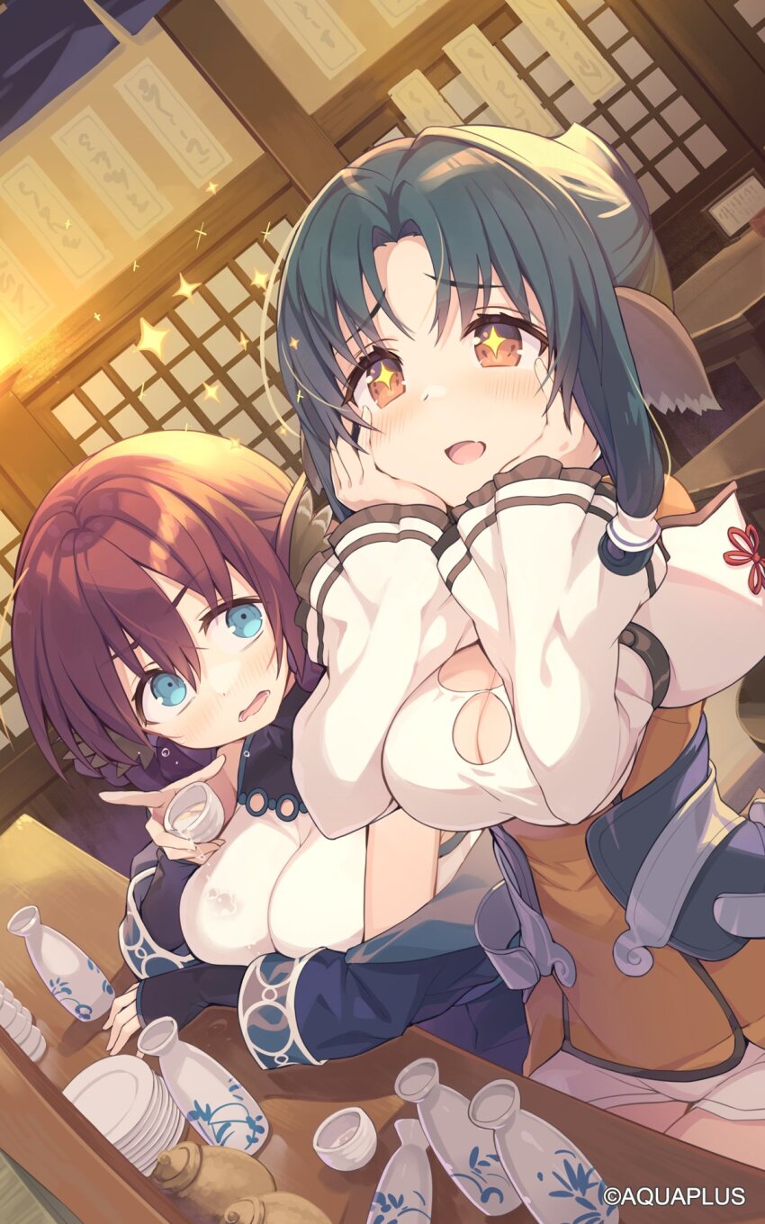 +_+ 2girls alcohol animal_ears atuy bare_shoulders blue_eyes blue_hair blush breasts brown_eyes cleavage dutch_angle feathers hair_between_eyes hands_on_own_cheeks hands_on_own_face highres impossible_clothes impossible_leotard indoors japanese_clothes kimono large_breasts leotard long_sleeves multiple_girls nosuri open_mouth parted_bangs red_hair short_hair_with_long_locks sleeveless sleeveless_turtleneck sparkle sparkling_eyes tam-u tareme turtleneck utawarerumono utawarerumono:_lost_flag
