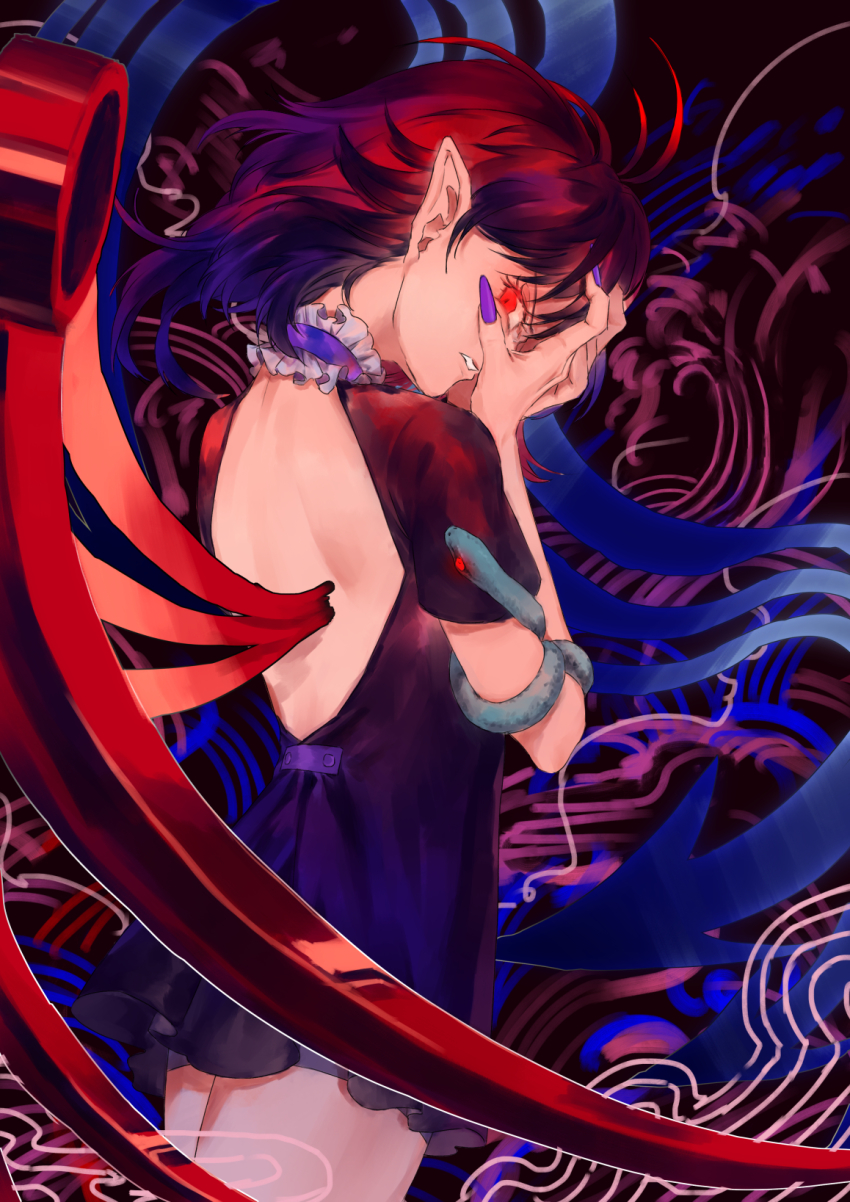 1girl ahoge ama_asagi asymmetrical_wings back_cutout black_dress black_hair blue_hair blue_wings choker clenched_teeth clothing_cutout commentary_request cowboy_shot dark dress eyelashes female_focus floating_hair frilled_choker frills from_behind from_side glowing glowing_eye hand_over_face hands_on_own_face hands_up highres houjuu_nue looking_at_viewer looking_back looking_to_the_side medium_hair multicolored_hair nail_polish parted_lips pointy_ears profile purple_nails red_eyes red_hair red_wings short_dress short_sleeves shoulder_blades snake solo teeth touhou v-shaped_eyebrows very_long_fingernails wings