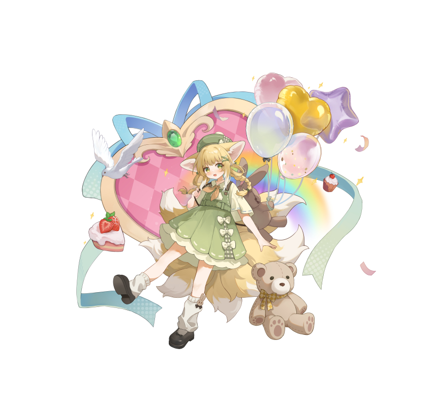 1girl absurdres alternate_costume animal_bag animal_ears arknights backpack bag balloon bird black_shoes blush braid dress fang fox_ears fox_girl fox_tail green_dress green_eyes green_hat hat heart heart_balloon highres kitsune kyuubi long_hair medium_dress multiple_tails open_mouth shio_(shiofeifei) shoes short_dress short_sleeves skin_fang socks solo star_balloon stuffed_animal stuffed_toy suzuran_(arknights) tail teddy_bear twin_braids white_socks