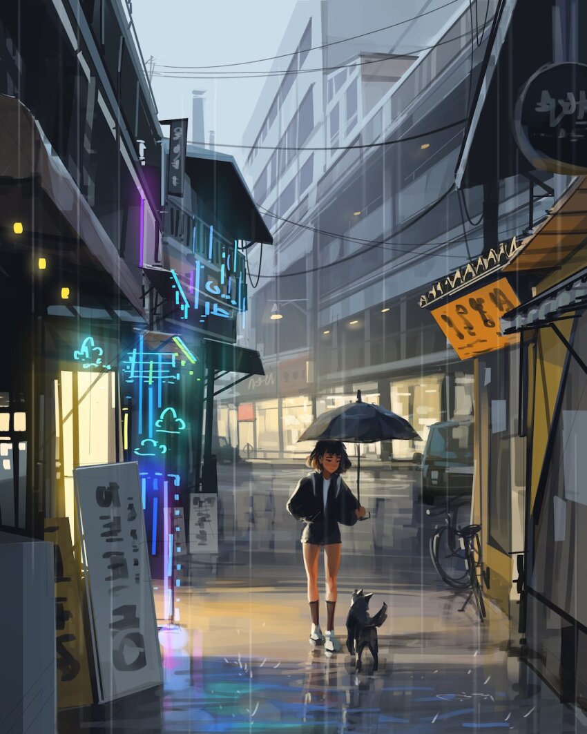1girl alley animal bicycle black_dog black_eyes black_hair black_jacket black_shorts brown_socks building car closed_mouth commentary dog english_commentary full_body highres holding holding_umbrella jacket lamppost long_sleeves looking_at_animal looking_down motor_vehicle neon_lights no_sclera open_clothes open_jacket original outdoors overcast power_lines rain road sam_yang scenery shirt shoes short_hair short_shorts shorts sidelighting sign sky smile socks solo splashing standing storefront street umbrella urban white_shirt white_shoes wide_shot window