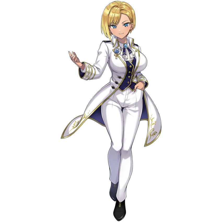 1girl black_shoes blonde_hair blue_eyes breasts closed_mouth coattails dark-skinned_female dark_skin dolphin_wave formal_clothes game_cg hand_in_pocket highres jacket large_breasts looking_at_viewer murahaya_mashio non-web_source official_art ootomo_takuji pants shoes short_hair smile solo suit swept_bangs transparent_background white_jacket white_pants