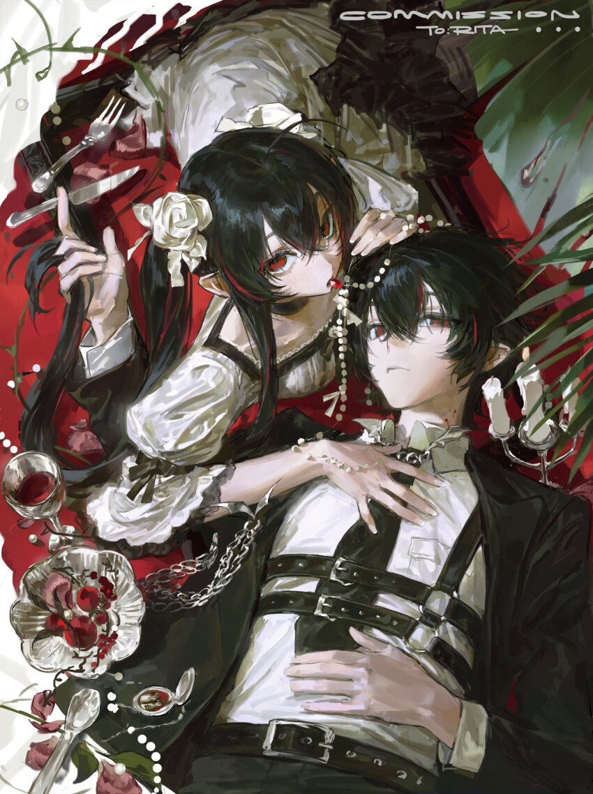1boy 1girl belt black_bow black_choker black_hair black_suit bow chest_belt choker collarbone dress erming225 food formal_clothes frills from_above fruit hair_between_eyes hand_in_another&#039;s_hair hand_on_another&#039;s_chest hand_on_another&#039;s_head highres jewelry long_hair looking_at_viewer lying multicolored_hair multiple_belts necklace on_stomach original palm_leaf pearl_necklace pomegranate puffy_short_sleeves puffy_sleeves punk red_eyes red_hair shirt short_hair short_sleeves streaked_hair suit white_dress white_shirt