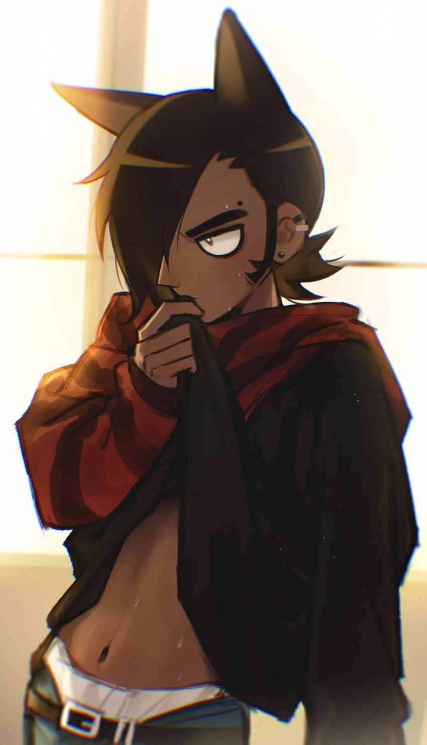 1boy absurdres animal_ears belt black_hair black_shirt brown_eyes cat_boy cat_ears chinese_commentary clothes_lift commentary_request dark-skinned_male dark_skin denim earrings emo_fashion hair_over_one_eye highres jeans jewelry kemonomimi_mode lear_0119 long_sleeves male_focus matthew_patel navel pants scott_pilgrim_(series) shirt shirt_lift short_hair skinny solo sweat thick_eyebrows
