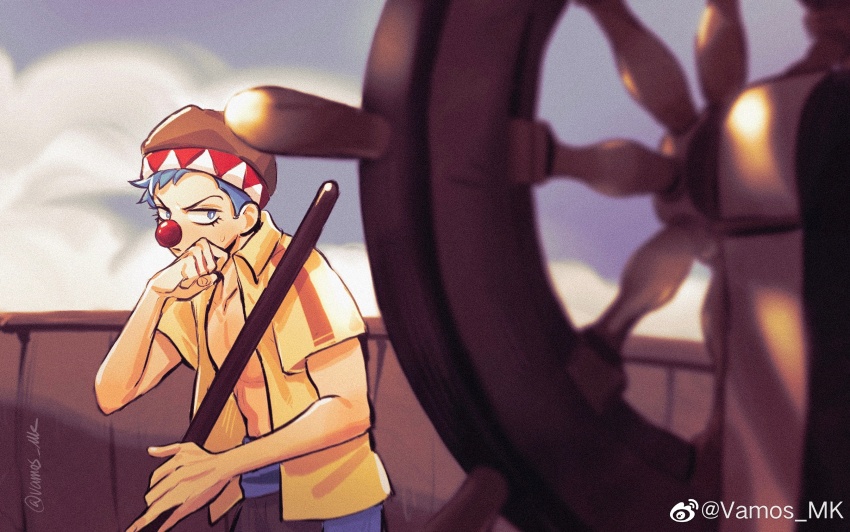 1boy absurdres blue_eyes blue_hair blurry blurry_foreground broom brown_hat buggy_the_clown cloud clown_nose eyelashes grey_sky hat highres holding holding_broom male_focus one_piece open_clothes open_shirt ship&#039;s_wheel shirt short_hair sky solo sweat vamos_mk wiping_face yellow_shirt