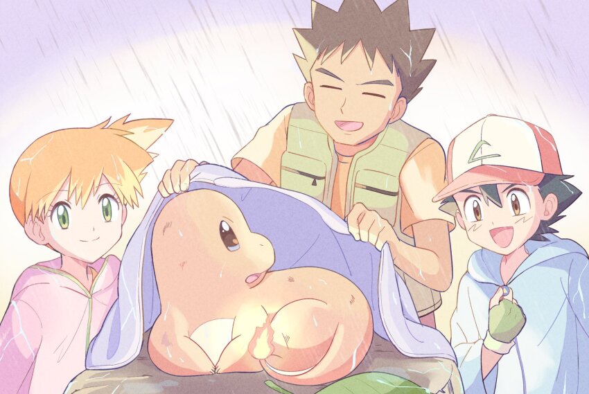 1girl 2boys :d ash_ketchum asymmetrical_hair baseball_cap black_hair blue_jacket blush brock_(pokemon) brown_eyes brown_hair charmander closed_eyes closed_mouth eyelashes fingerless_gloves fire gen_1_pokemon gloves green_eyes green_gloves gym_leader hat highres hood hood_down hoodie jacket long_sleeves mei_(maysroom) misty_(pokemon) multiple_boys nintendo open_mouth orange_hair pikachu pokemon pokemon_(anime) pokemon_(classic_anime) ponytail rain raincoat shirt short_hair short_sleeves side_ponytail sleeveless sleeveless_jacket smile spiked_hair tongue vest wet zipper_pull_tab