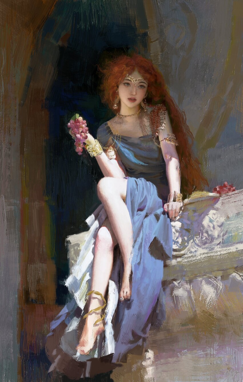 1girl absurdres anklet armlet barefoot barefoot_sandals_(jewelry) blue_dress bracelet circlet dress earrings faux_traditional_media feet fine_art_parody food fruit full_body gold_bracelet grapes highres holding holding_food holding_fruit jewelry long_hair looking_at_viewer necklace original painterly parody realistic red_hair ruanjia sitting solo toes