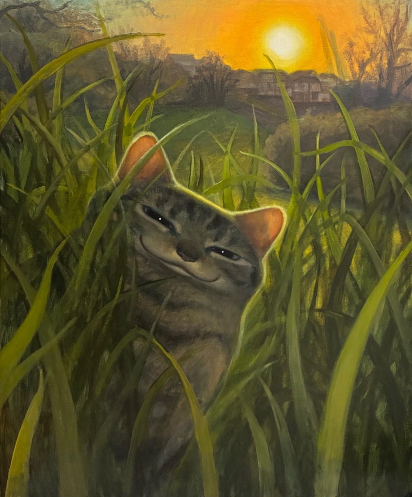 animal animal_focus cat commentary grass half-closed_eyes highres karin_hosono looking_at_viewer no_humans orange_sky original outdoors painterly scenery sky smile solo sun