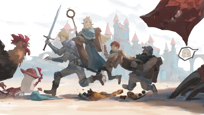 2girls 3boys armor art_study backpack bag beard belt belt_pouch bird blonde_hair blue_robe boots braid brown_footwear brown_gloves capelet castle chilchuck_tims commentary_request dungeon_meshi dwarf elf facial_hair fake_horns falin_touden food gloves green_eyes green_scarf helmet highres holding holding_staff holding_sword holding_weapon hood hood_down hooded_capelet horned_helmet horns laios_touden long_hair long_sleeves marcille_donato multiple_boys multiple_girls mushroom open_mouth outdoors pants pauldrons plate_armor pointy_ears pouch red_hair robe running scarf scenery senshi_(dungeon_meshi) short_hair shoulder_armor smile spoken_character spoken_food staff sword weapon zygocactus
