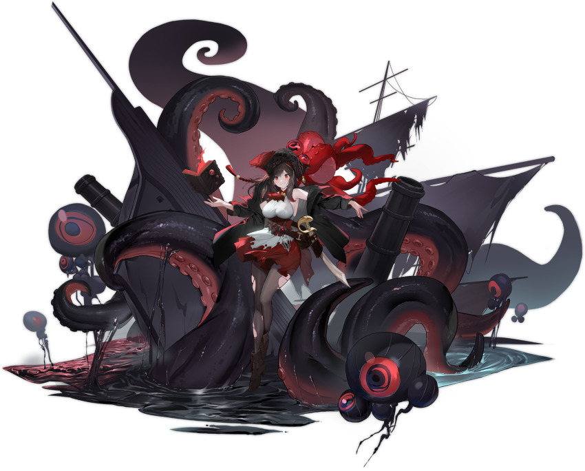 1girl ankle_boots ascot azur_lane bare_shoulders belt book boots breasts brown_hair cannon corsair floating floating_object full_body hat high_heel_boots high_heels highres jacket large_breasts long_hair long_sleeves looking_at_viewer octopus off_shoulder official_art open_book open_clothes pantyhose pirate pirate_hat red_eyes royal_fortune_(azur_lane) shiny_clothes ship simple_background skirt souji_hougu sword tentacles torn_clothes torn_legwear torn_skirt transparent_background water watercraft weapon