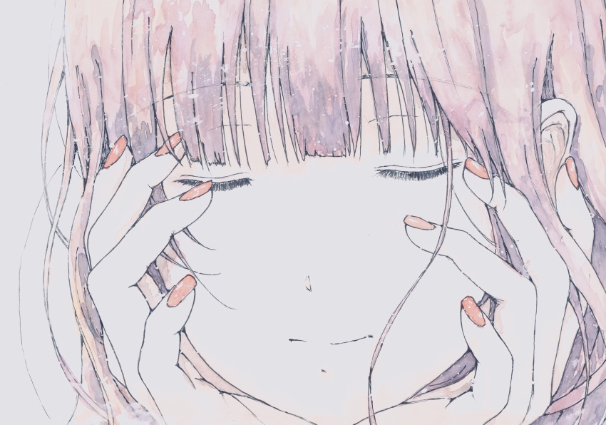 1girl absurdres bbmasa blunt_bangs close-up closed_eyes closed_mouth hands_on_own_face hibike!_euphonium highres liz_to_aoi_tori nail_polish portrait purple_hair solo traditional_media yoroizuka_mizore