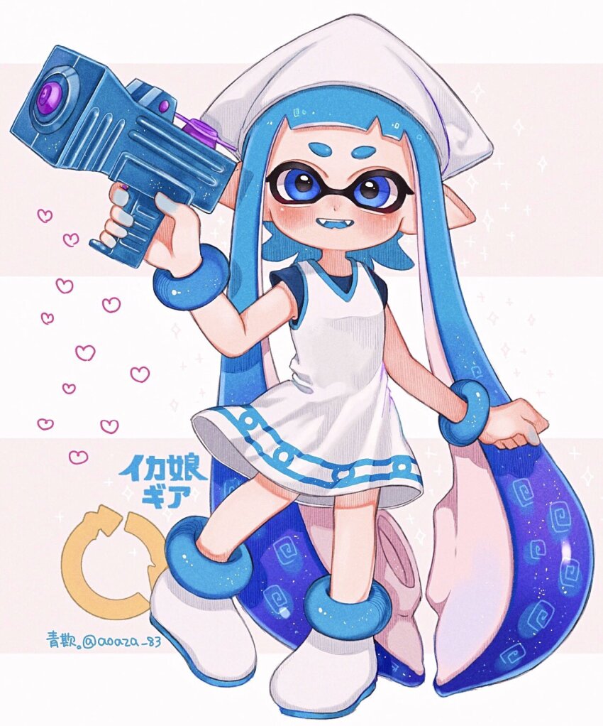 1girl absurdly_long_hair aoaza_83 arm_up artist_name blue_eyes blue_hair blue_tongue boots bracelet clenched_hand colored_tongue commentary_request cosplay dress fangs full_body hat heart highres holding holding_weapon ikamusume ikamusume_(cosplay) inkling inkling_girl inkling_player_character jewelry long_hair nintendo open_mouth pointy_ears shinryaku!_ikamusume sleeveless sleeveless_dress smile solo splatoon_(series) splatoon_1 splattershot_jr._(splatoon) squid_hat standing suction_cups tentacle_hair twintails very_long_hair weapon white_boots white_dress white_hat