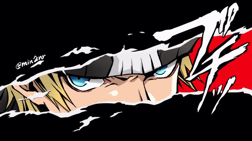 1boy beanie bito_daisukenojo black_background blonde_hair eme_(204) hat highres looking_at_viewer male_focus parody persona persona_5 persona_eyes serious skull solo subarashiki_kono_sekai