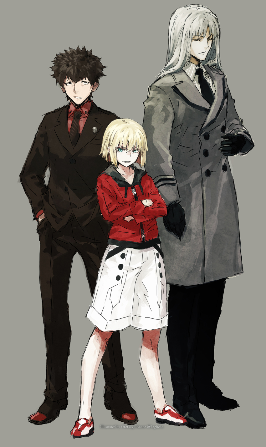 3boys ando_yuugo artist_name black_gloves black_hair black_neckwear black_pants blonde_hair brown_jacket brown_neckwear brown_pants brown_suit closed_eyes closed_mouth coat collared_shirt commentary_request crossed_arms dress_shirt formal_clothes frown full_body gloves green_eyes grey_background grey_coat grey_hair grey_shirt hands_in_pockets highres hood hood_down hooded_jacket jacket karius_berlusconi konoe_ototsugu long_hair long_sleeves looking_at_viewer male_focus mario_gallo_bestino multiple_boys necktie pants parted_lips red_jacket red_shirt sanpaku shirt short_hair shorts sidelocks simple_background sketch smirk spiked_hair standing suit tsukihime tsukihime_(remake) tsurime twitter_username white_shorts wing_collar zipper