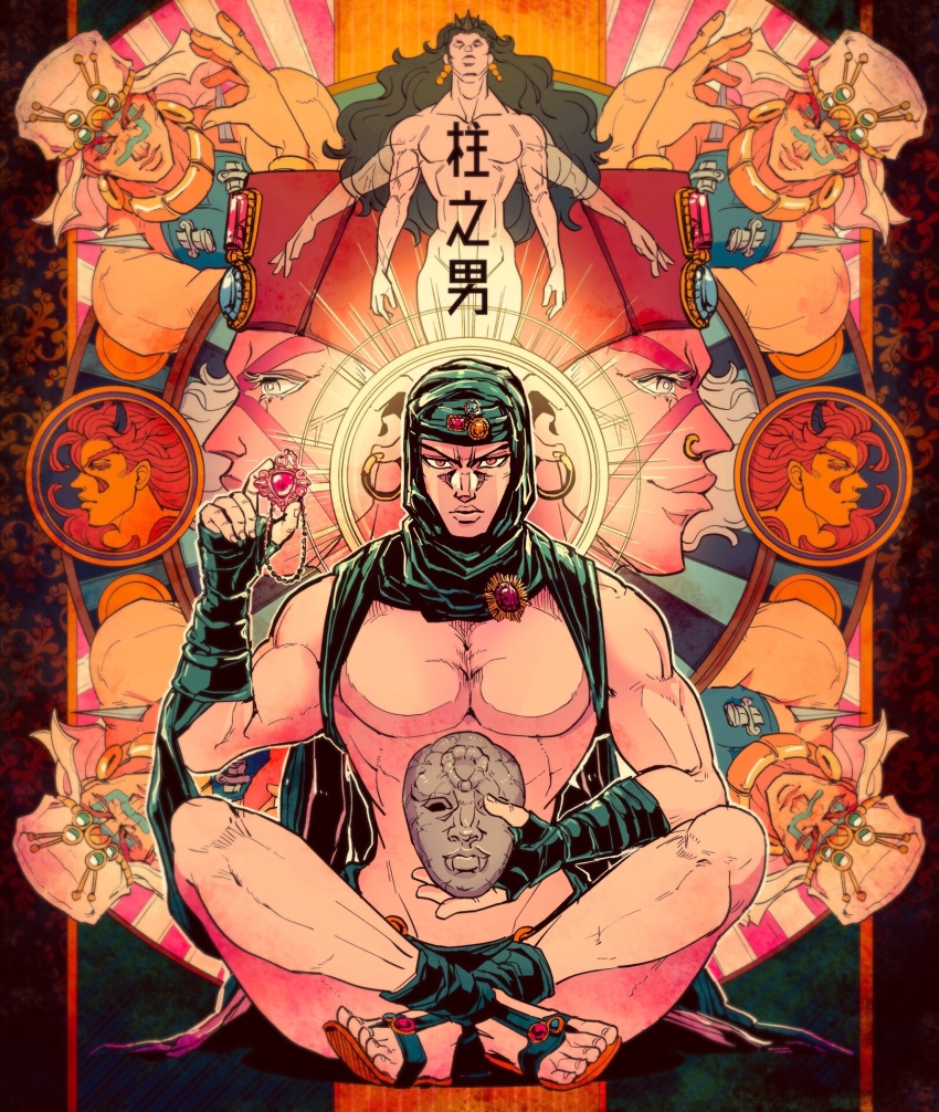 4boys bad_id bad_pixiv_id battle_tendency breast_press chocoblood earrings esidisi facial_mark hat headscarf highres hoop_earrings horns jewelry jojo_no_kimyou_na_bouken kars_(jojo) mudra multiple_boys muscular muscular_male red_eyes red_hair red_stone_of_aja revealing_clothes sandals santana_(jojo) symmetrical_docking topless_male turban wamuu