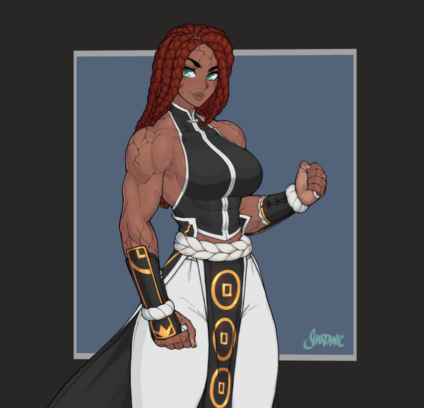 abs clenched_hand dark-skinned_female dark_skin green_eyes highres looking_to_the_side monk muscular original shardanic smirk solo