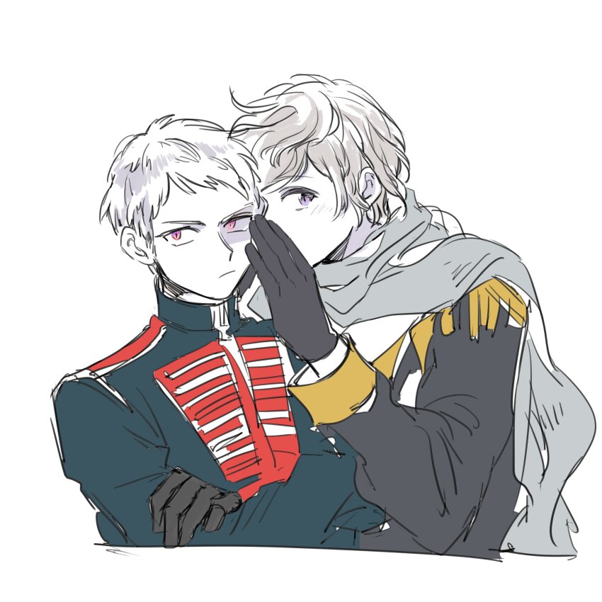2boys absurdres axis_powers_hetalia black_gloves black_jacket blush closed_mouth covering_own_mouth crossed_arms epaulettes gloves goro_nyanko green_jacket grey_hair grey_scarf hand_up highres jacket long_sleeves looking_at_viewer male_focus military_jacket multiple_boys prussia_(hetalia) purple_eyes red_eyes russia_(hetalia) scarf short_hair simple_background upper_body whispering whispering_in_ear white_background