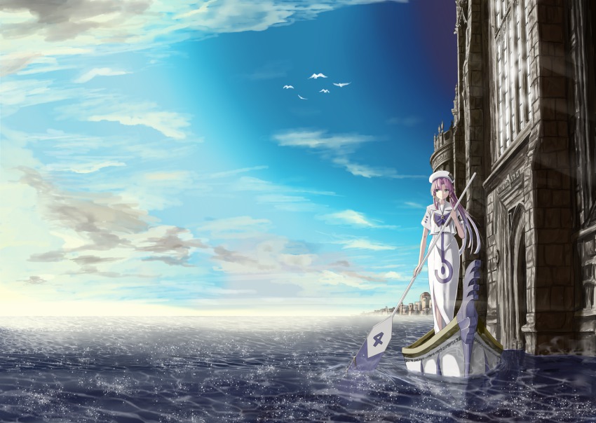 00s 1girl aged_up alua alua aria_(manga) aria_the_avvenire beret bird blouse blue_sky brick_wall building cloud female_focus gondola green_eyes hair_tubes hat highres holding holding_oar horizon long_hair mizunashi_akari oar outdoors pink_hair ponytail rowing seagull shirt sky solo standing sunlight twintails very_long_hair water white_shirt