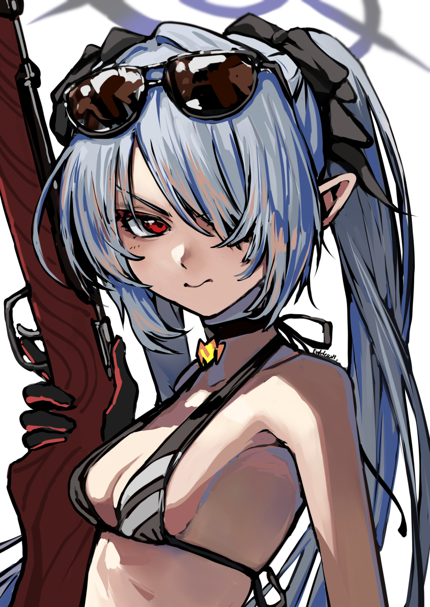 1girl absurdres bikini black_bikini black_choker black_gloves blue_archive bolt_action breasts choker dark-skinned_female dark_skin eudetenis eyewear_on_head gloves grey_hair gun hair_over_one_eye highres holding holding_gun holding_weapon iori_(blue_archive) iori_(swimsuit)_(blue_archive) long_hair mauser_98 official_alternate_costume pointy_ears red_eyes rifle small_breasts solo sunglasses swimsuit twintails weapon
