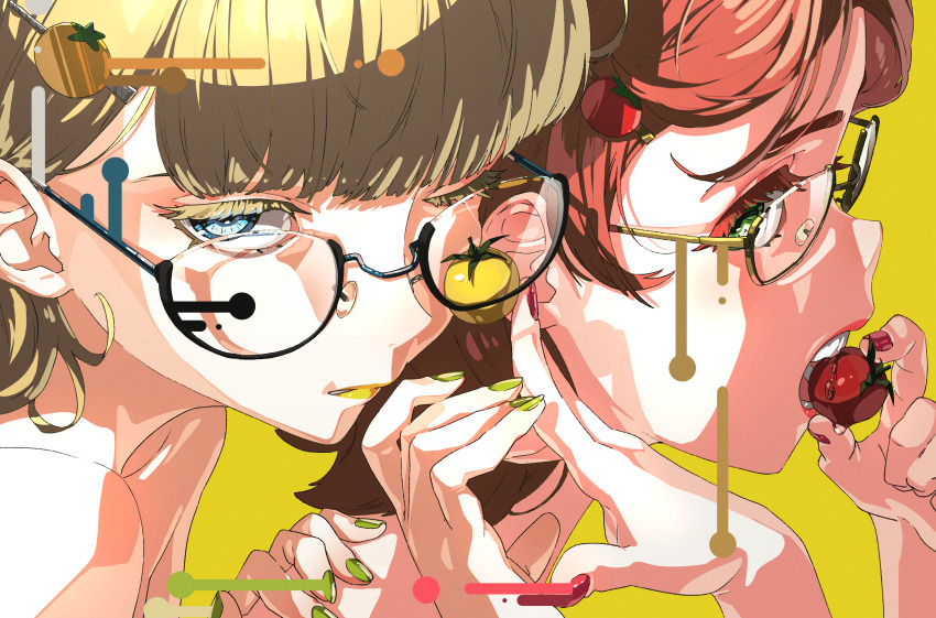 2girls absurdres bare_shoulders biting blonde_hair blue_eyes blunt_bangs brown_hair cherry_tomato closed_mouth colored_eyelashes eating eyelashes fingernails food food-themed_hair_ornament food_in_mouth glass glasses green_eyes green_nails hair_ornament hairclip hand_on_another&#039;s_neck highres holding holding_food lipstick looking_at_viewer makeup multiple_girls nico-tine one_eye_closed open_mouth orange_hair_ornament original portrait red_hair red_lips red_nails simple_background smile teeth tomato tomato_hair_ornament yellow_background yellow_lips yellow_nails