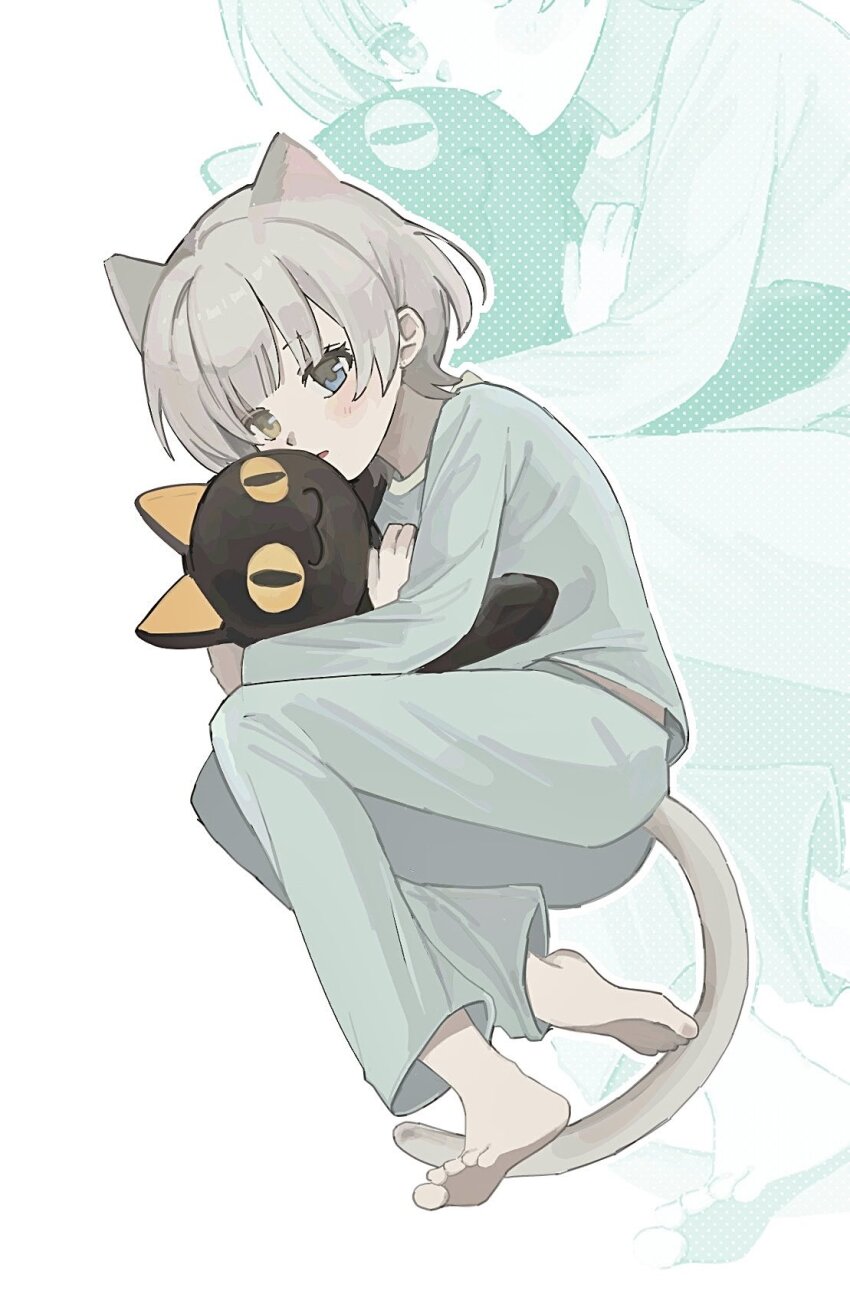 1girl animal_ears b0ch0im bang_dream! bang_dream!_it&#039;s_mygo!!!!! barefoot blue_eyes blush cat_ears cat_girl cat_tail commentary hashtag-only_commentary heterochromia highres hugging_object kaname_raana looking_at_viewer open_mouth pajamas raana_the_cat short_hair simple_background solo stuffed_animal stuffed_cat stuffed_toy tail white_background white_hair yellow_eyes zoom_layer