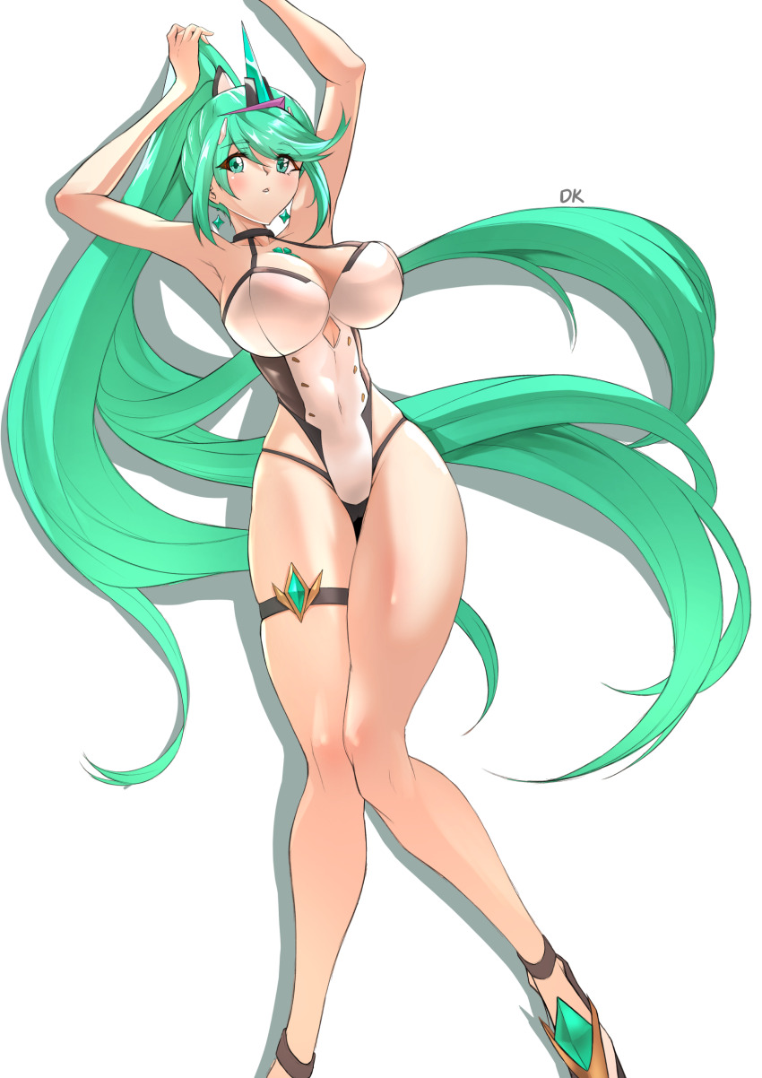 1girl alternate_costume deekei highres large_penis long_hair penis pneuma_(xenoblade) ponytail simple_background solo very_long_hair white_background xenoblade_chronicles_(series) xenoblade_chronicles_2