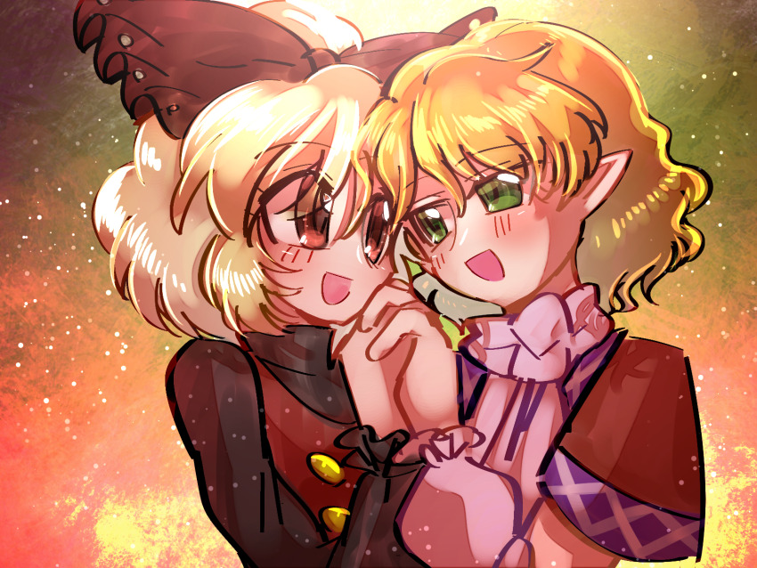 2girls :d black_bow black_shirt blonde_hair blush bow brown_dress brown_eyes brown_shirt commentary_request dress green_eyes hair_bow highres holding_hands interlocked_fingers kurodani_yamame long_sleeves looking_at_another mizuhashi_parsee multiple_girls open_mouth pinafore_dress pointy_ears scarf shippuu_jinnari shirt short_hair short_sleeves sleeveless sleeveless_dress smile touhou upper_body white_scarf yuri