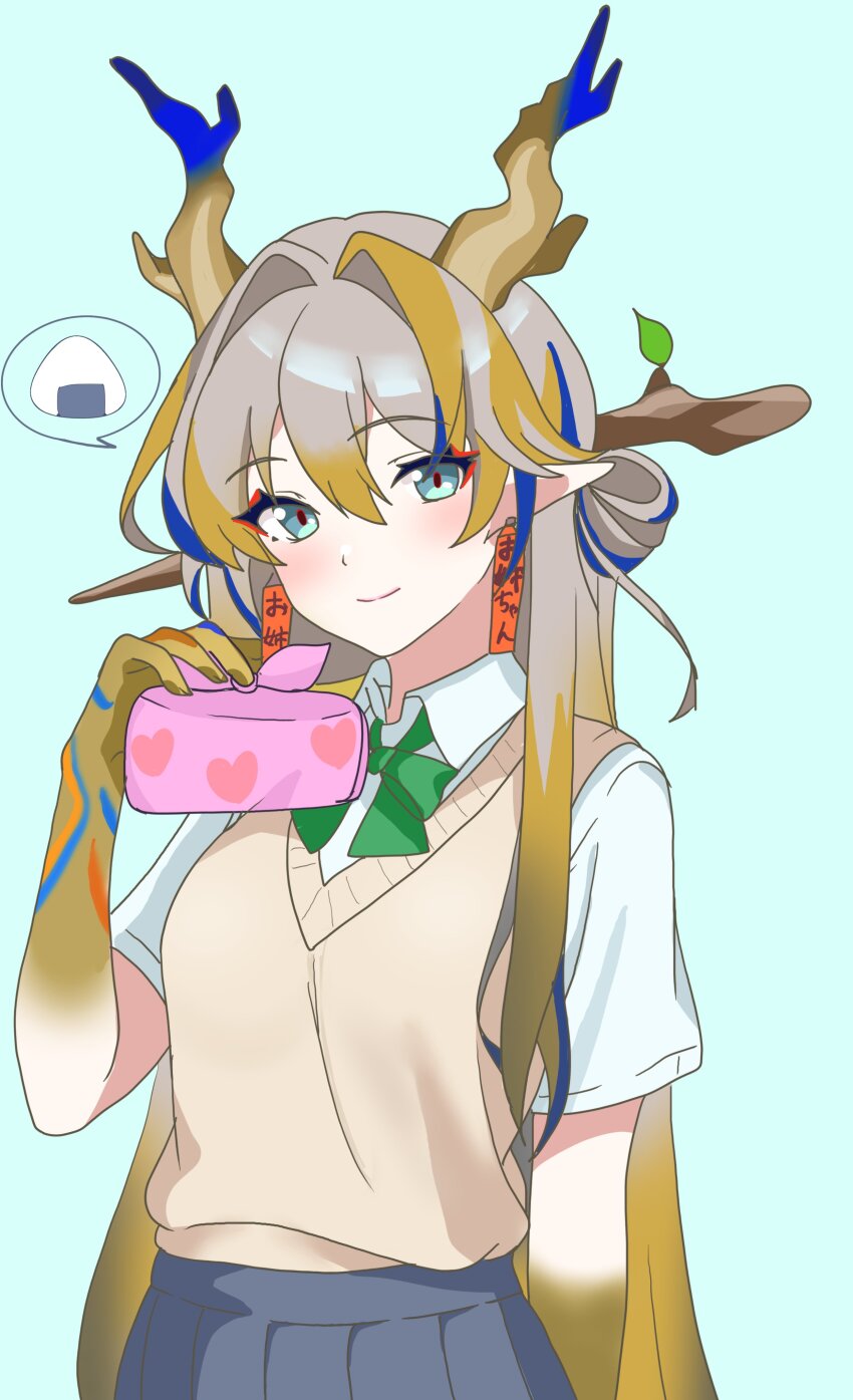 1girl absurdres arknights blonde_hair blue_background blue_hair blue_skirt bow bowtie brown_sweater_vest dragon_girl dragon_horns dress_shirt earrings eggplant7217 eyeliner food green_bow green_bowtie grey_hair hair_between_eyes highres holding_bento horns jewelry long_hair looking_at_viewer love_live! love_live!_school_idol_project makeup multicolored_hair nanjou_yoshino onigiri orange_eyeliner orange_pupils otonokizaka_school_uniform pleated_skirt pointy_ears school_uniform shirt shu_(arknights) simple_background skirt smile solo sweater_vest tassel tassel_earrings upper_body voice_actor_connection white_shirt wrapped_bento yellow_hands
