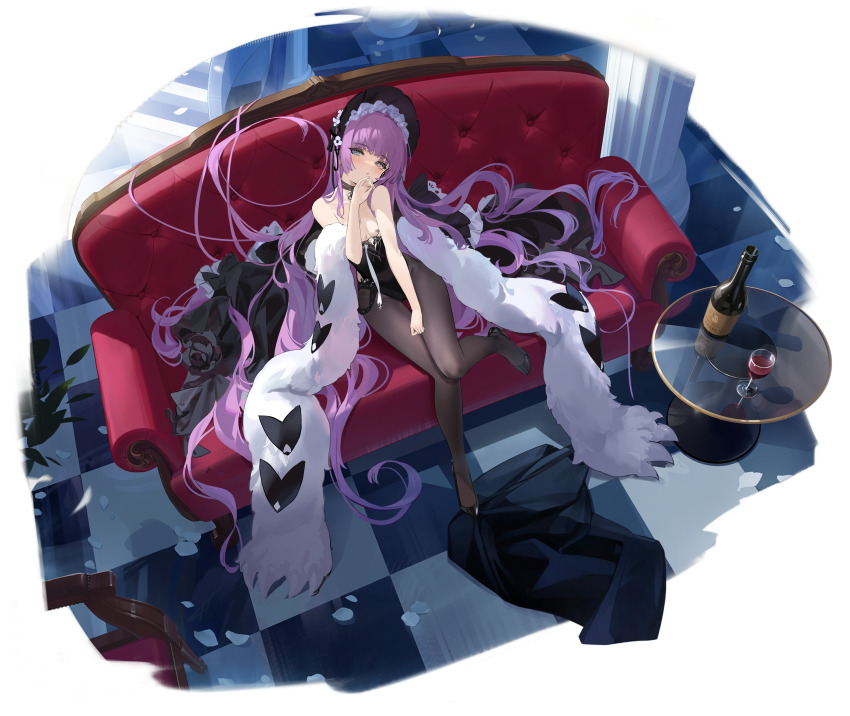 1girl absurdly_long_hair absurdres azur_lane bare_shoulders black_choker black_dress black_flower black_leotard black_pantyhose black_shoes blue_eyes blunt_bangs blush bonnet bottle bow breasts choker cleavage coat collarbone couch cup dress drinking_glass feather_boa flower frills from_above full_body fur_coat fur_trim glass_table hair_flowing_over hair_spread_out hand_up hat head_tilt highleg highleg_leotard highres kincora legs leotard long_hair looking_at_viewer non-web_source official_alternate_costume official_art on_couch pantyhose parted_lips pillar playboy_bunny purple_hair ribbon rose shoes sidelocks sitting small_breasts solo stairs stone_stairs strapless strapless_leotard table tashkent_(azur_lane) tashkent_(the_sprite&#039;s_snapshot)_(azur_lane) tile_floor tiles very_long_hair wine_glass