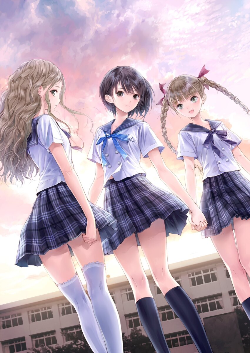3girls :d black_eyes black_hair black_skirt black_socks blue_reflection_(series) blue_reflection_maboroshi_ni_mau_shoujo_no_ken blue_ribbon braid breasts brown_hair building collarbone dutch_angle floating_hair green_eyes hair_ribbon highres holding_hands hoshinomiya_girls&#039;_high_school_uniform interlocked_fingers kishida_mel kneehighs kneepits long_hair looking_at_viewer looking_back midriff_peek multiple_girls neck_ribbon open_mouth outdoors over-kneehighs pleated_skirt profile red_ribbon ribbon school_uniform serafuku shijou_raimu shijou_yuzuki shirai_hinako shirt short_hair short_sleeves skirt sky small_breasts smile socks thighhighs twin_braids wavy_hair white_shirt white_thighhighs zettai_ryouiki