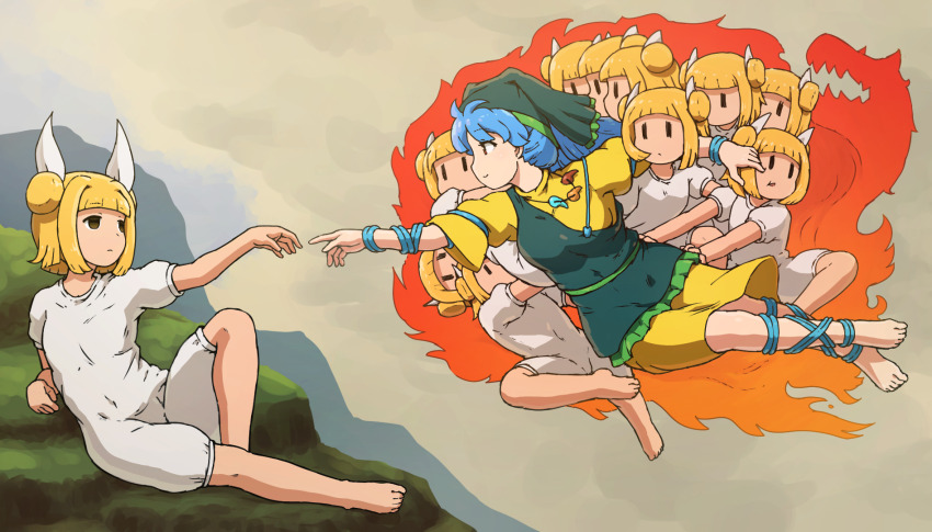 2girls apron arm_around_neck arm_ribbon arm_support barefoot blonde_hair blue_hair blue_ribbon bob_cut brown_eyes clone commentary_request day double_bun dress empty_eyes fine_art_parody fire floating green_apron green_headscarf grey_sky hair_bun hair_ribbon haniyasushin_keiki headscarf highres jewelry joutouguu_mayumi knee_up leg_ribbon long_hair looking_at_another lying magatama magatama_necklace mountain multiple_girls necklace on_ground on_side outdoors parody profile reaching reaching_towards_another red_eyes ribbon shirosato short_hair short_sleeves single_strap sky the_creation_of_adam touhou white_ribbon white_romper yellow_dress