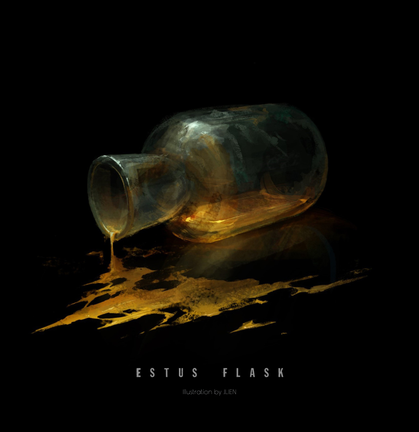 artist_name black_background bottle dark_souls_(series) dark_souls_i english_text estus_flask glass_bottle highres jlien- liquid no_humans spill spilling